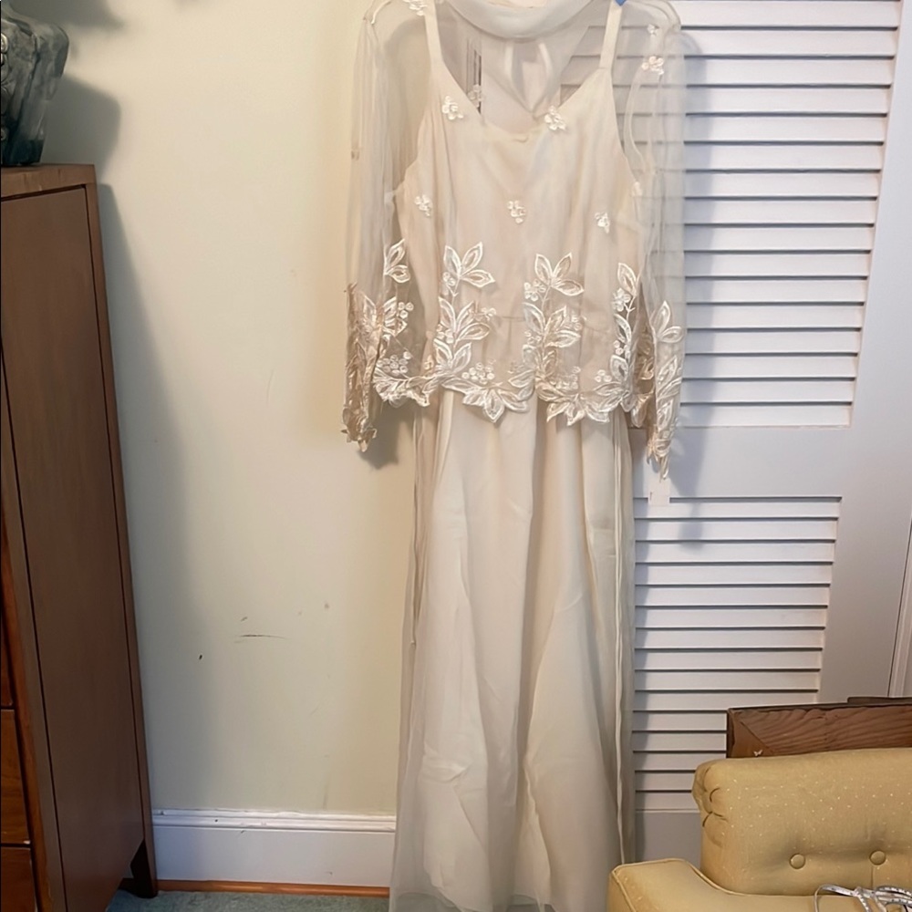 Elegant Cream Floral Embroidered Dress with Sheer Overlay